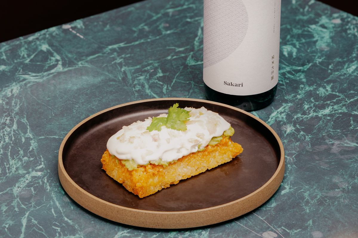 Smoked Fish Pâté on Crispy Sushi Rice with Sakari Junmai Daiginjo at Cask and Shells